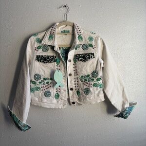 NWT ANTICA SARTORIA LEOPARD & KISSING CAMELS WHITE BEADED JEAN JACKET